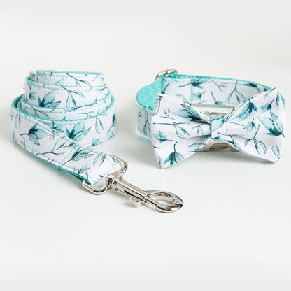 Dog Collar, Lead and and Bow Set- Green Leaf