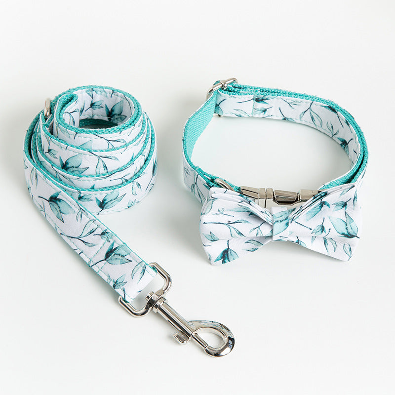 Dog Collar, Lead and and Bow Set- Green Leaf