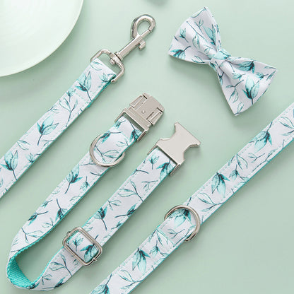 Dog Collar, Lead and and Bow Set- Green Leaf