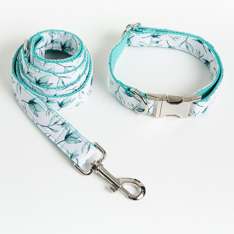 Dog Collar Green Leaf Design and Lead Set