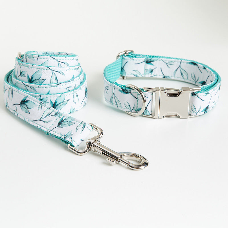 Dog Collar Green Leaf Design and Lead Set