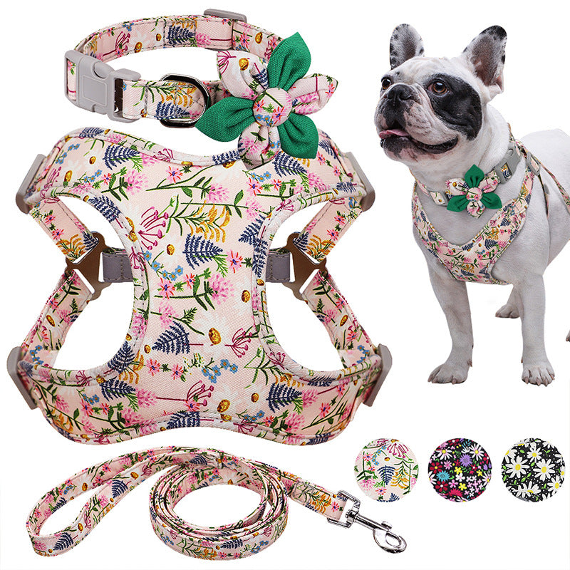 Flower Dog Collar Harness Lead Set Nylon Small Medium Large Dogs Harness Vest Collar Leads Puppy Pet