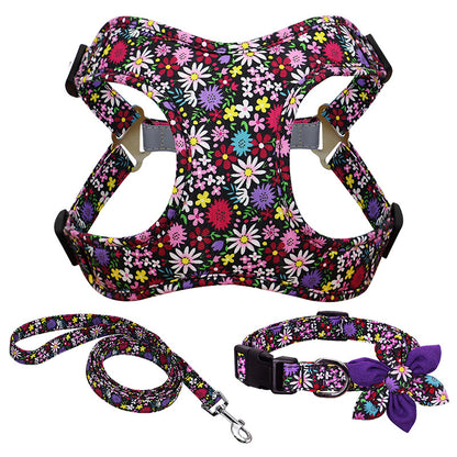 Flower Dog Collar Harness Lead Set Nylon Small Medium Large Dogs Harness Vest Collar Leads Puppy Pet