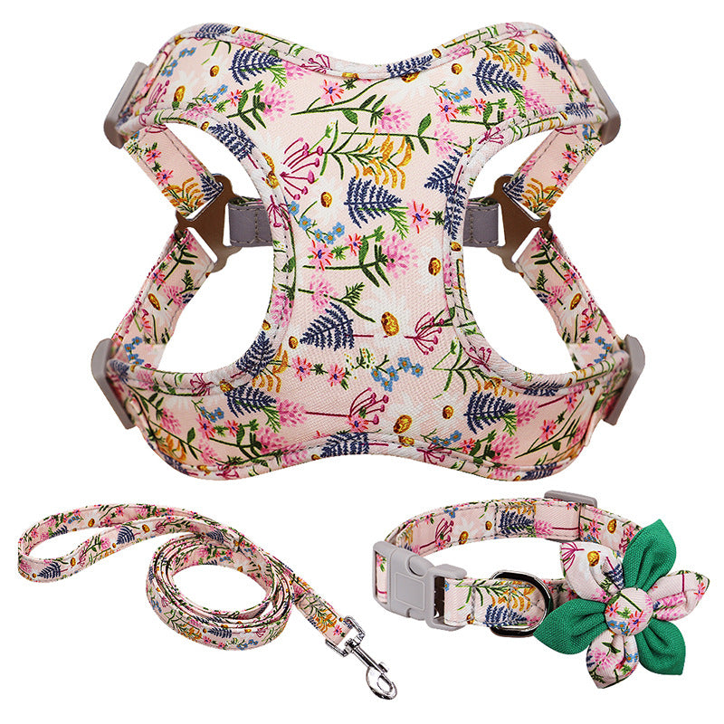 Flower Dog Collar Harness Lead Set Nylon Small Medium Large Dogs Harness Vest Collar Leads Puppy Pet