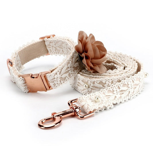 Dog Collar and Lead Set Lace with Rosette Personalised Engraving