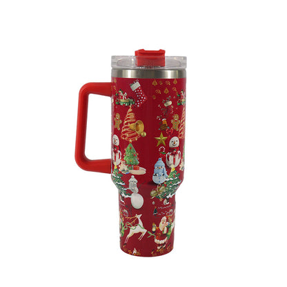 New Christmas Pattern Mug With Handle Lid Straw Drinkware Stainless Steel Vacuum Tumbler Large Capacity Car Travel Coffee Cup